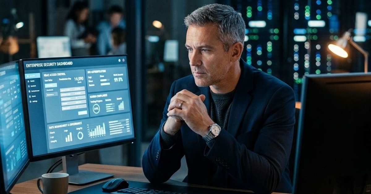 An IT professional reviewing an enterprise security dashboard showing access control, authentication, and data compliance metrics, with server racks visible in a dark modern office