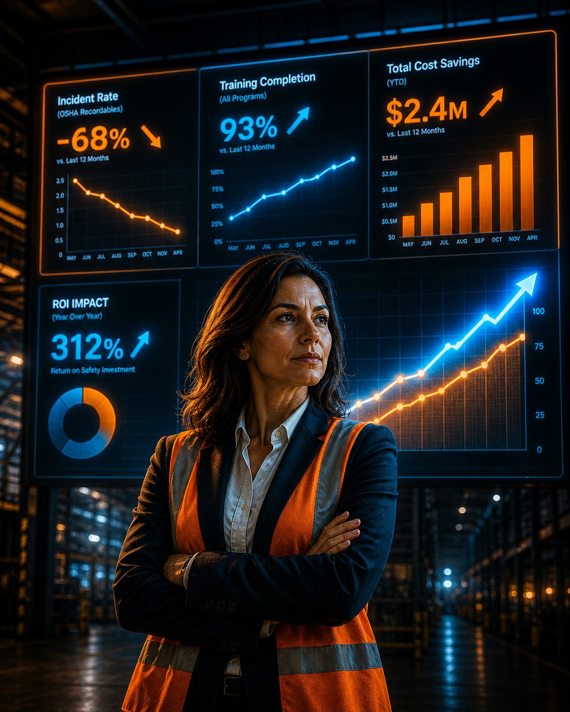 Safety leader in a hi-vis vest standing in front of dashboards showing incident rate reduction, training completion, cost savings, and ROI impact metrics