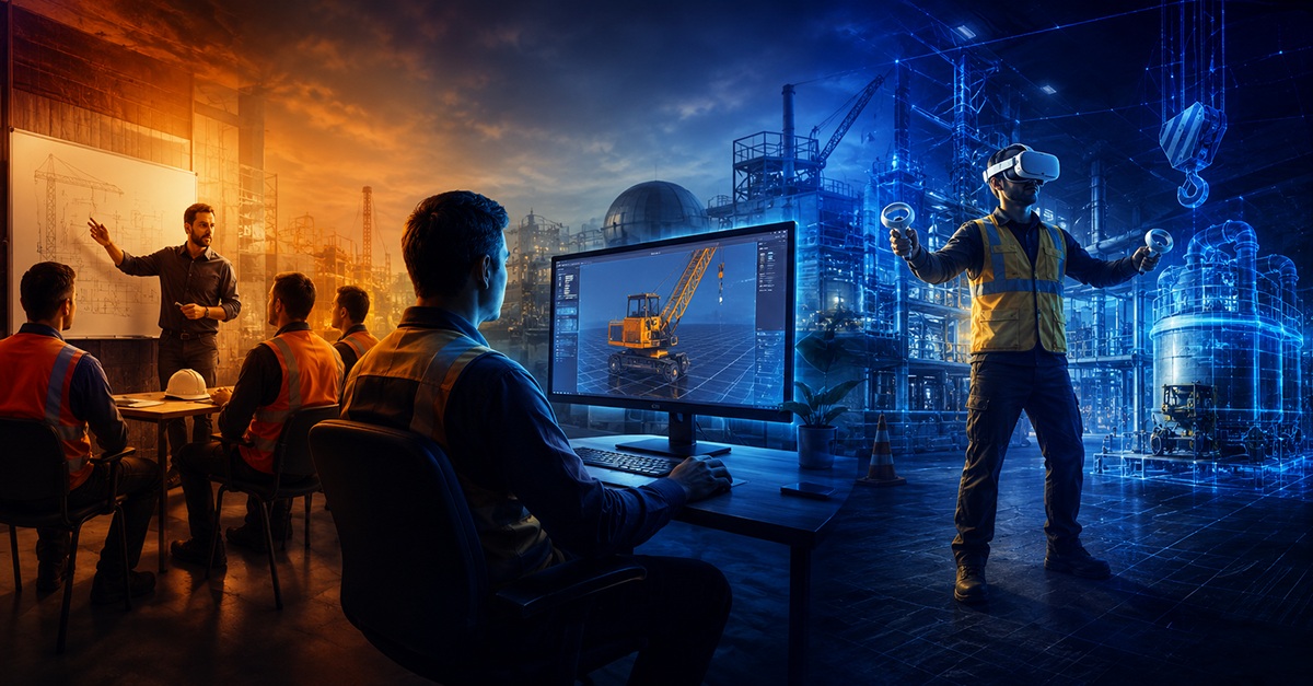 A panoramic composite showing the progression from a traditional classroom safety training session, to a worker running a Web3D simulation on a desktop, to a worker in a hi-vis vest using a VR headset in an immersive industrial training environment